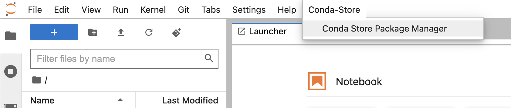 JupyterLab window's menu bar with conda-store at the end of the list containing the Conda Store Package Manager option